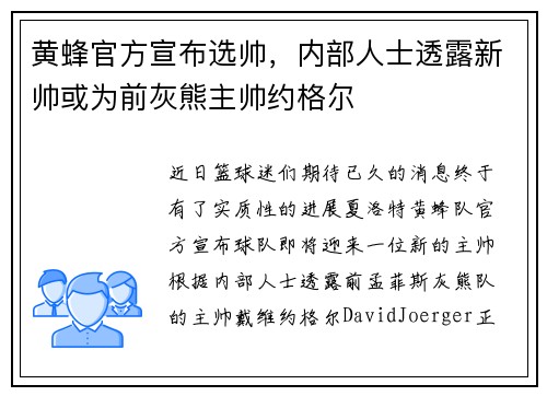 黄蜂官方宣布选帅，内部人士透露新帅或为前灰熊主帅约格尔