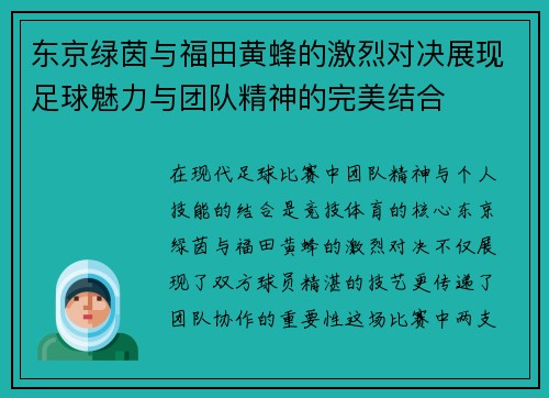 东京绿茵与福田黄蜂的激烈对决展现足球魅力与团队精神的完美结合